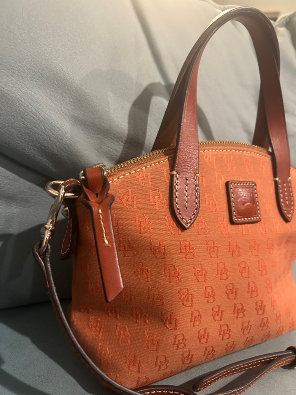 Dooney & Bourke Ruby Mini Satchel Orange Logo Dome Crossbody with Brown Trim - Picture 3 of 5